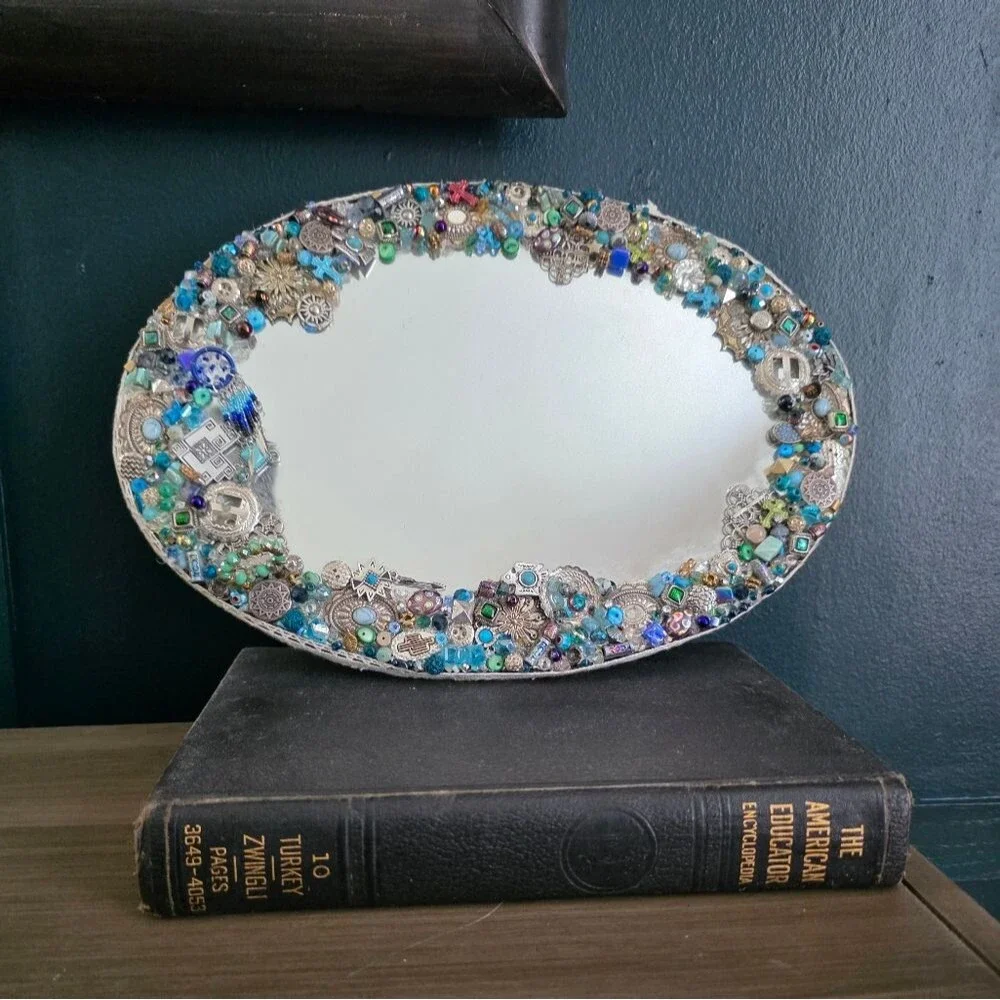 Handmade Jewelled Mirror Oval Wall Mirror Wall Art Bohemian 13x9x0.5'D